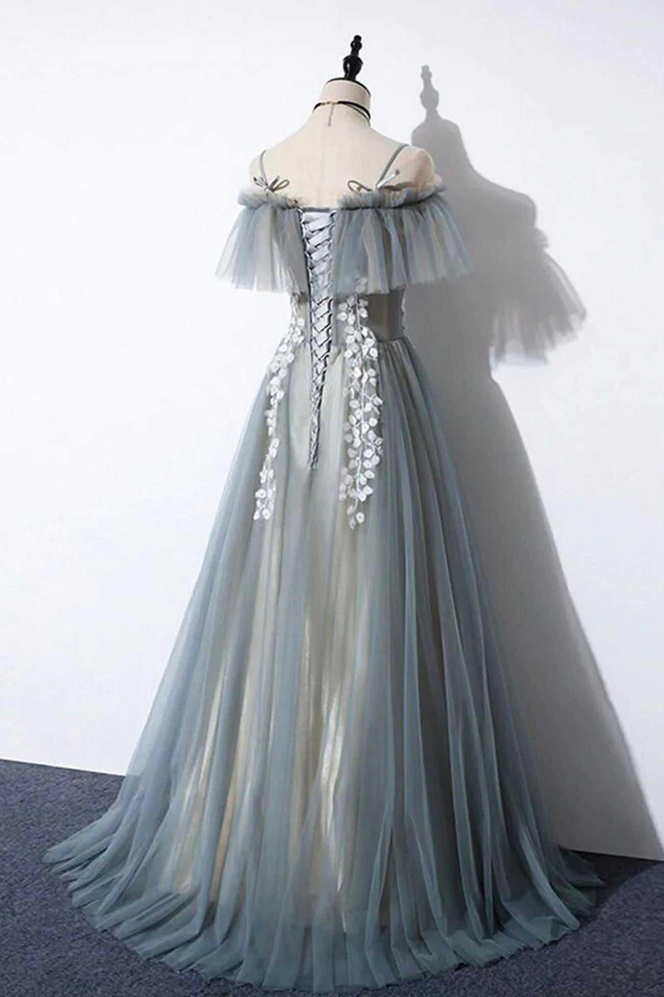 Formal Dress Online, Gray Tulle Lace Long Prom Dress, A-Line Evening Dress