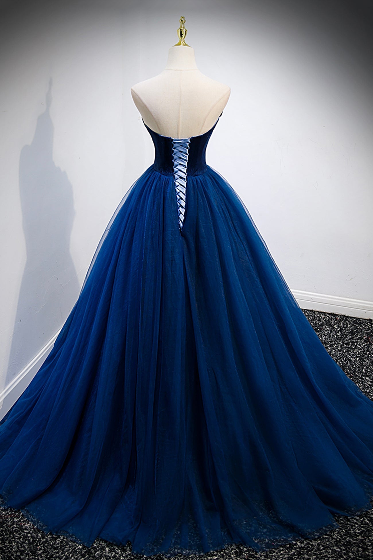 Prom Dress Spring, Blue Velvet Tulle Long Prom Dresses, A-Line Strapless Evening Dresses