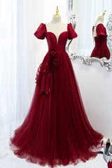 Party Dresses Vintage, A-Line Satin Tulle Long Prom Dresses, Burgundy Evening Dresses