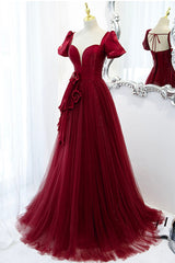 Party Dress Vintage, A-Line Satin Tulle Long Prom Dresses, Burgundy Evening Dresses