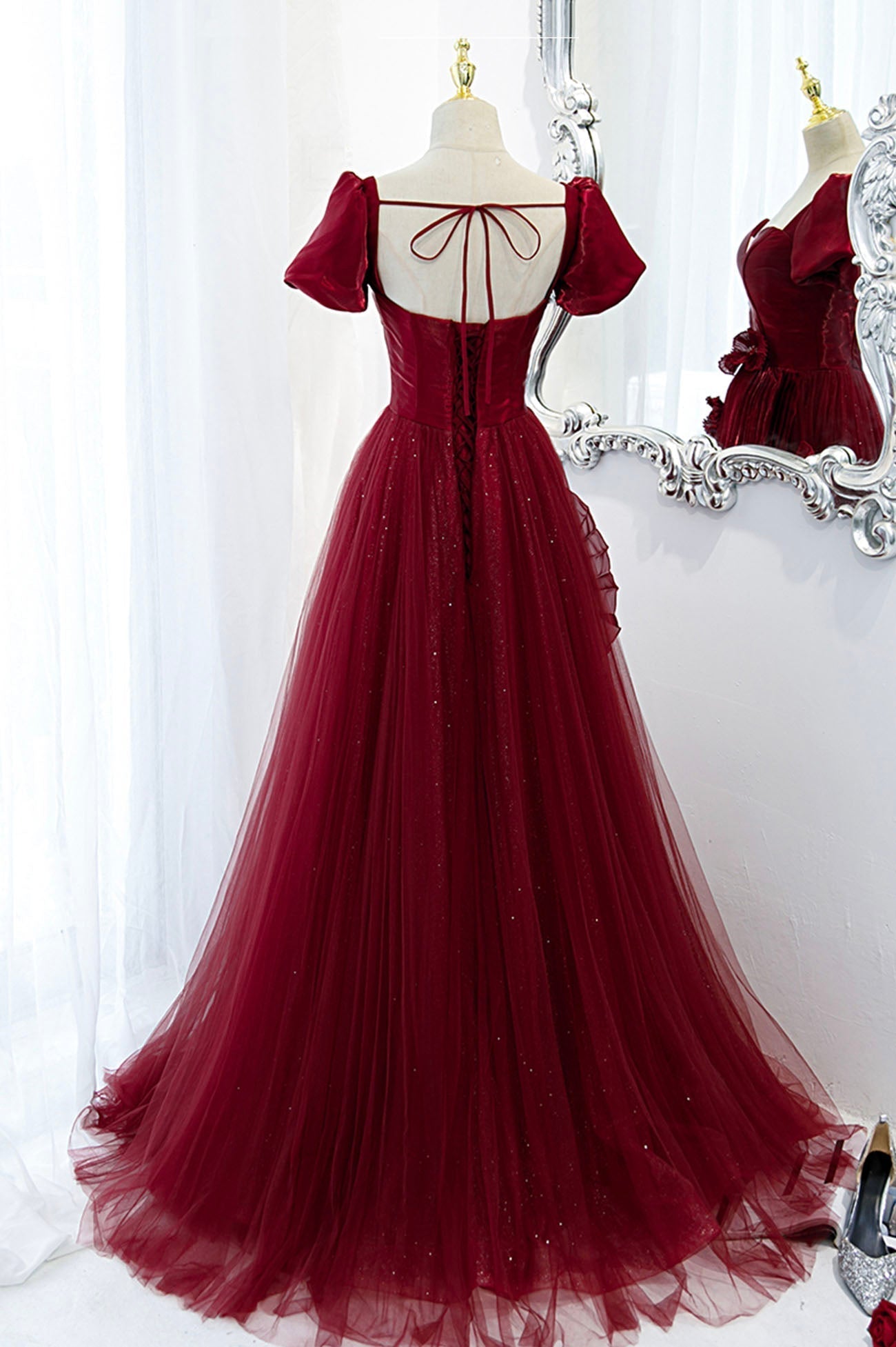 Party Dresses Classy, A-Line Satin Tulle Long Prom Dresses, Burgundy Evening Dresses