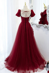 Party Dresses Classy, A-Line Satin Tulle Long Prom Dresses, Burgundy Evening Dresses