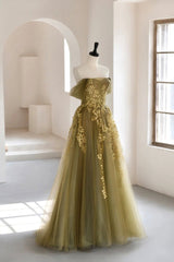 Party Dresses Classy Christmas, Green Tulle Long Prom Dresses, A-Line Off the Shoulder Evening Dresses