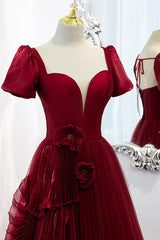 Party Dressed Short, A-Line Satin Tulle Long Prom Dresses, Burgundy Evening Dresses