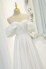 Prom Dresses Boho, White Satin Long Prom Dress, Off the Shoulder Evening Dress