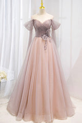 Bridesmaides Dresses Short, Pink Tulle Beaded Long Prom Dress, Off the Shoulder Evening Dress