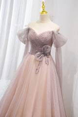 Bridesmaids Dress Short, Pink Tulle Beaded Long Prom Dress, Off the Shoulder Evening Dress