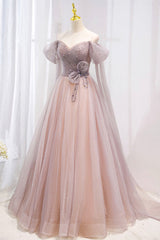 Bridesmaid Dress Short, Pink Tulle Beaded Long Prom Dress, Off the Shoulder Evening Dress