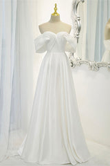 Prom Dresses For Blondes, White Satin Long Prom Dress, Off the Shoulder Evening Dress