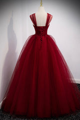 Prom Dresses Casual, Burgundy Tulle Long A-Line Prom Dress, Burgundy Evening Party Dress