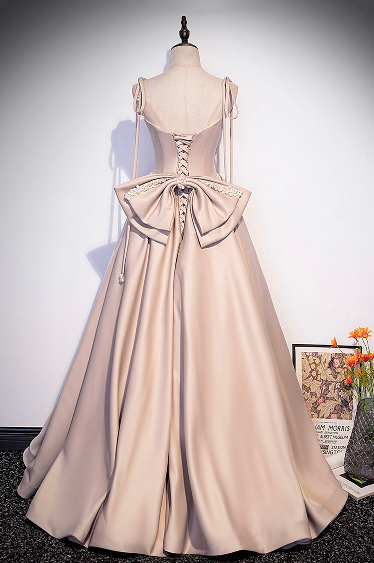 Boho Wedding, Pink Satin Long Formal Dresses, Graduation Dresses with Bows