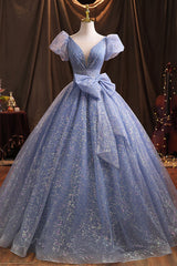 Prom Dresses Patterned, Blue Tulle Sequins Long Prom Dress, A-Line Evening Gown with Bow