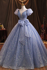 Prom Dresses With Slits, Blue Tulle Sequins Long Prom Dress, A-Line Evening Gown with Bow