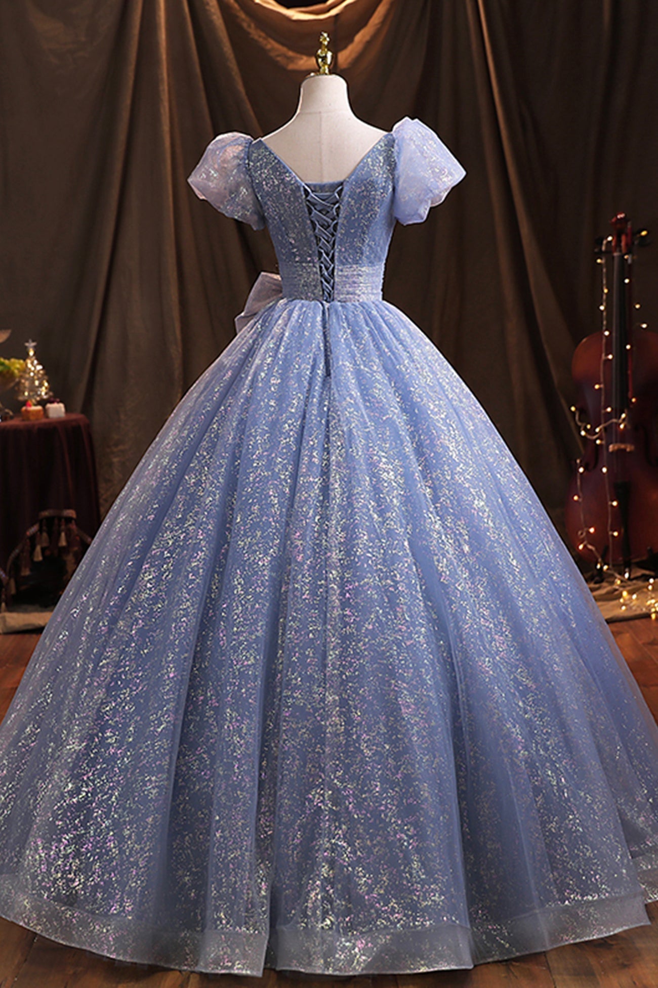 Prom Dress Long Ball Gown, Blue Tulle Sequins Long Prom Dress, A-Line Evening Gown with Bow