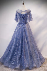 Prom Dressed Black, Blue Tulle Sequins Long Prom Dress, A-Line Blue Evening Dress