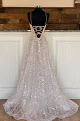 Party Dress And Gown, A-Line Tulle Sequins Long Prom Dresses, Spaghetti Straps V-Neck Evening Dresses