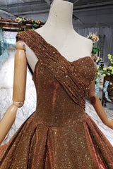 Bridesmaid Dresses Affordable, Big Prom Dresses One Shoulder Lace Up Back Sequins Beads Quinceanera Dresses