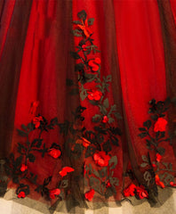 Prom Dress Princess Style, Burgundy Round Neck Tulle Lace Applique Long Prom Dress, Burgundy Evening Dress