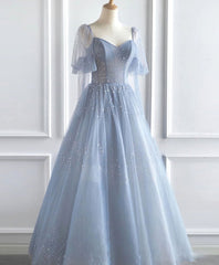 Formal Dress Elegant Classy, Blue V Neck Tulle Sequin Long Prom Dress, Blue Tulle Formal Dress, 1