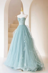 Formal Dresses For Black Tie Wedding, Cute Tulle Strapless Long Prom Dress, A-Line Lace Formal Evening Dress