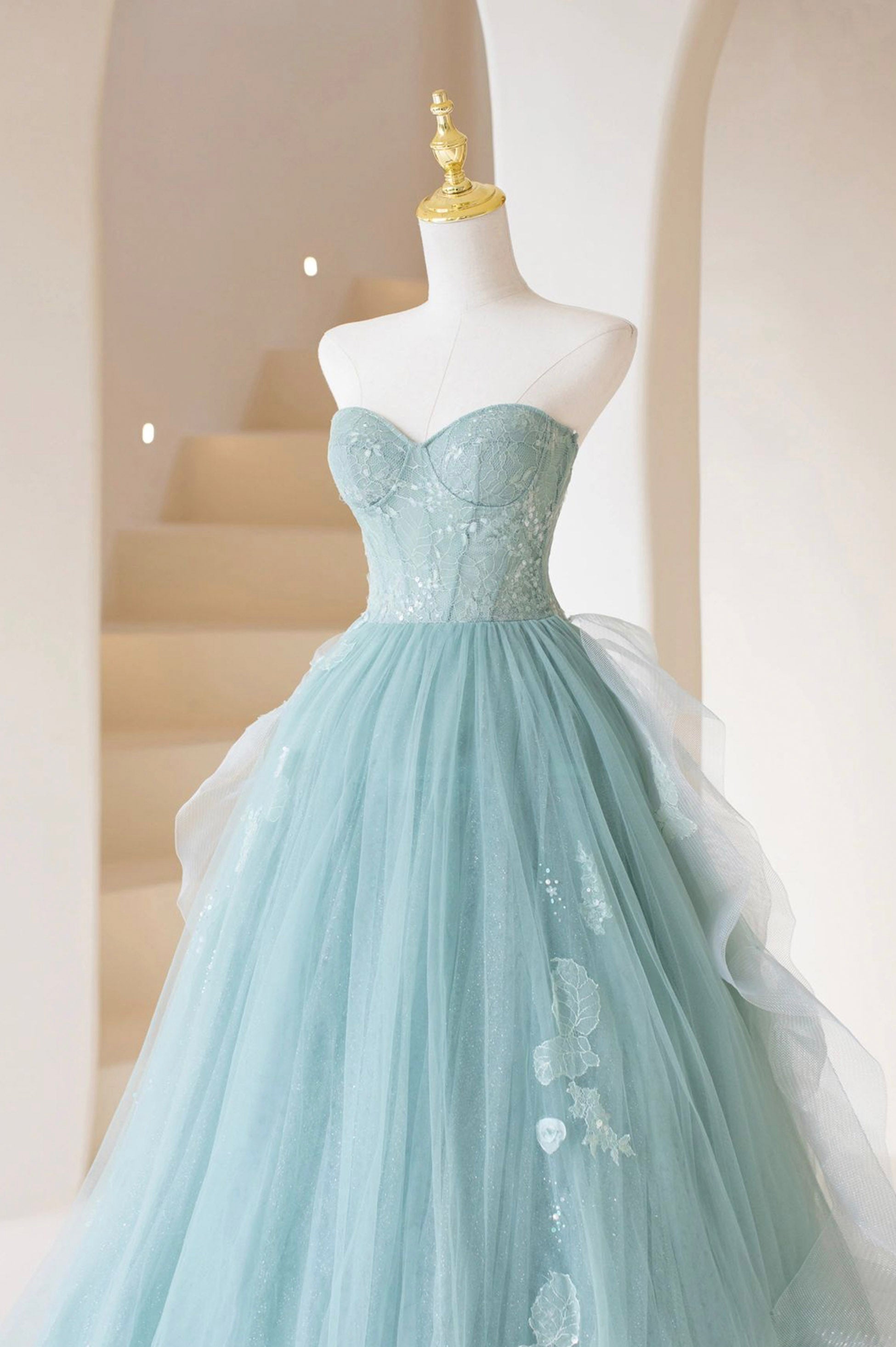 Formal Dress Modest, Cute Tulle Strapless Long Prom Dress, A-Line Lace Formal Evening Dress