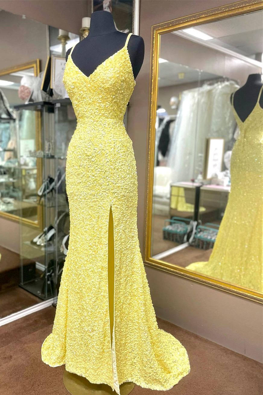 Bridesmaid Dress Styles Long, Elegant Yellow Sequins Mermaid Prom Dress