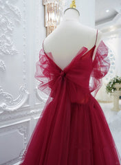 Prom Dress Modest, Wine Red Tulle V-Neckline Off Shoulder With Bow, Wine Red Tulle Long Prom Dress