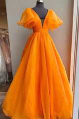 Long Sleeve Dress, Orange Organza Long A-Line Prom Dress, Beautiful V-Neck Evening Dress