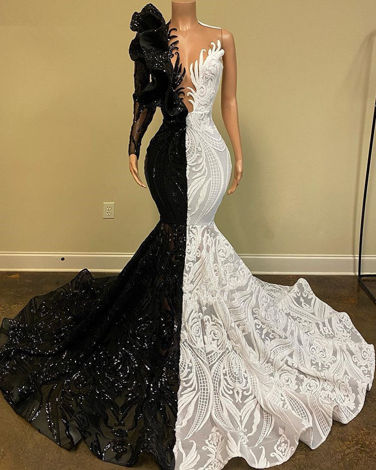 Bridesmaid Dress Stylee, Hot Half Black Half White One shoulder Long Sleeves Mermaid Prom Dresses