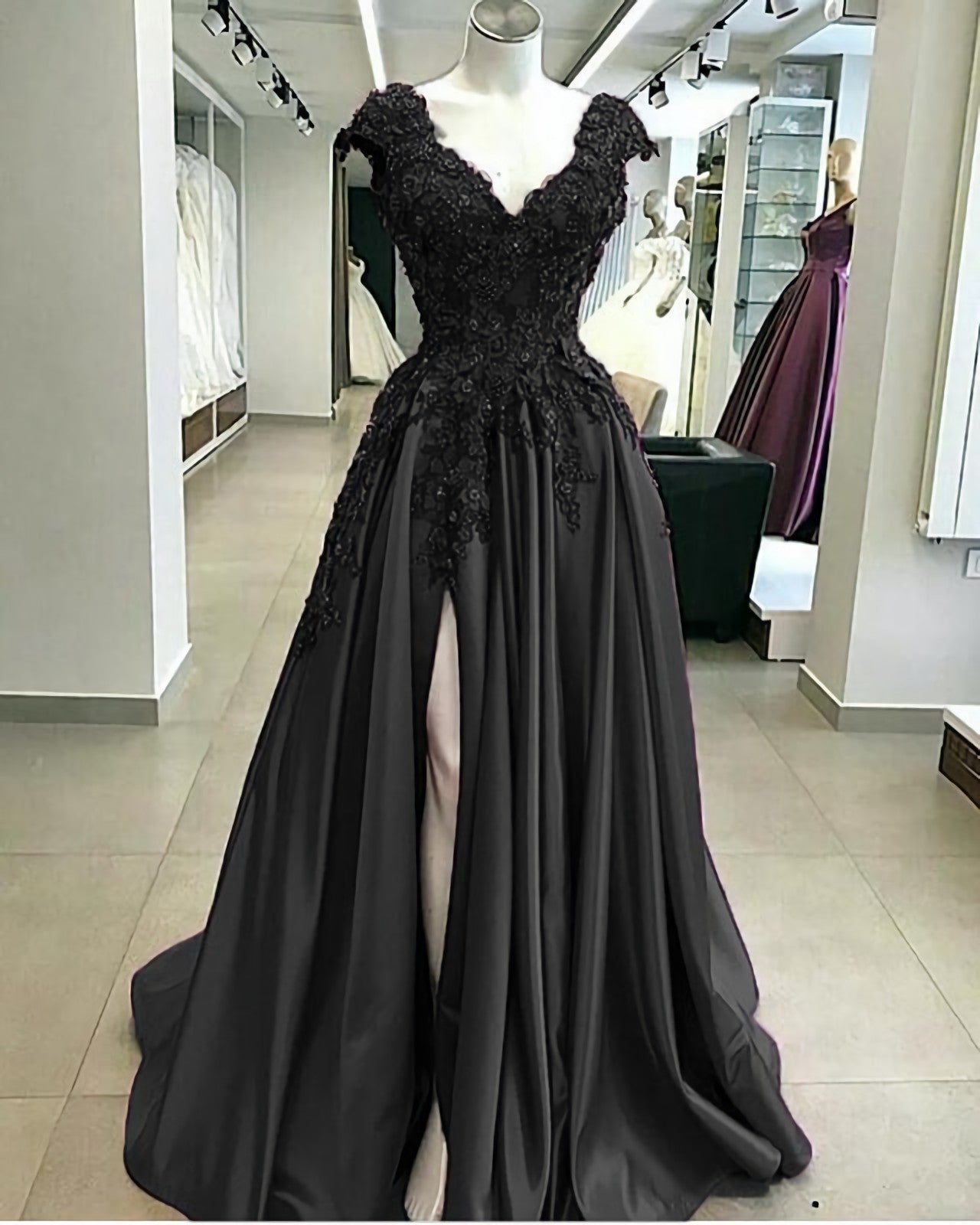Formal Dresses Ideas, Lace Flowers Beaded Cap Sleeves V Neck Prom Dresses, Split Evening Gowns