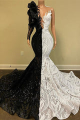 Bridesmaids Dress Style, Hot Half Black Half White One shoulder Long Sleeves Mermaid Prom Dresses