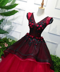 Homecomming Dresses Red, Unique Burgundy V Neck Tulle Long Prom Dress, Burgundy Evening Dress