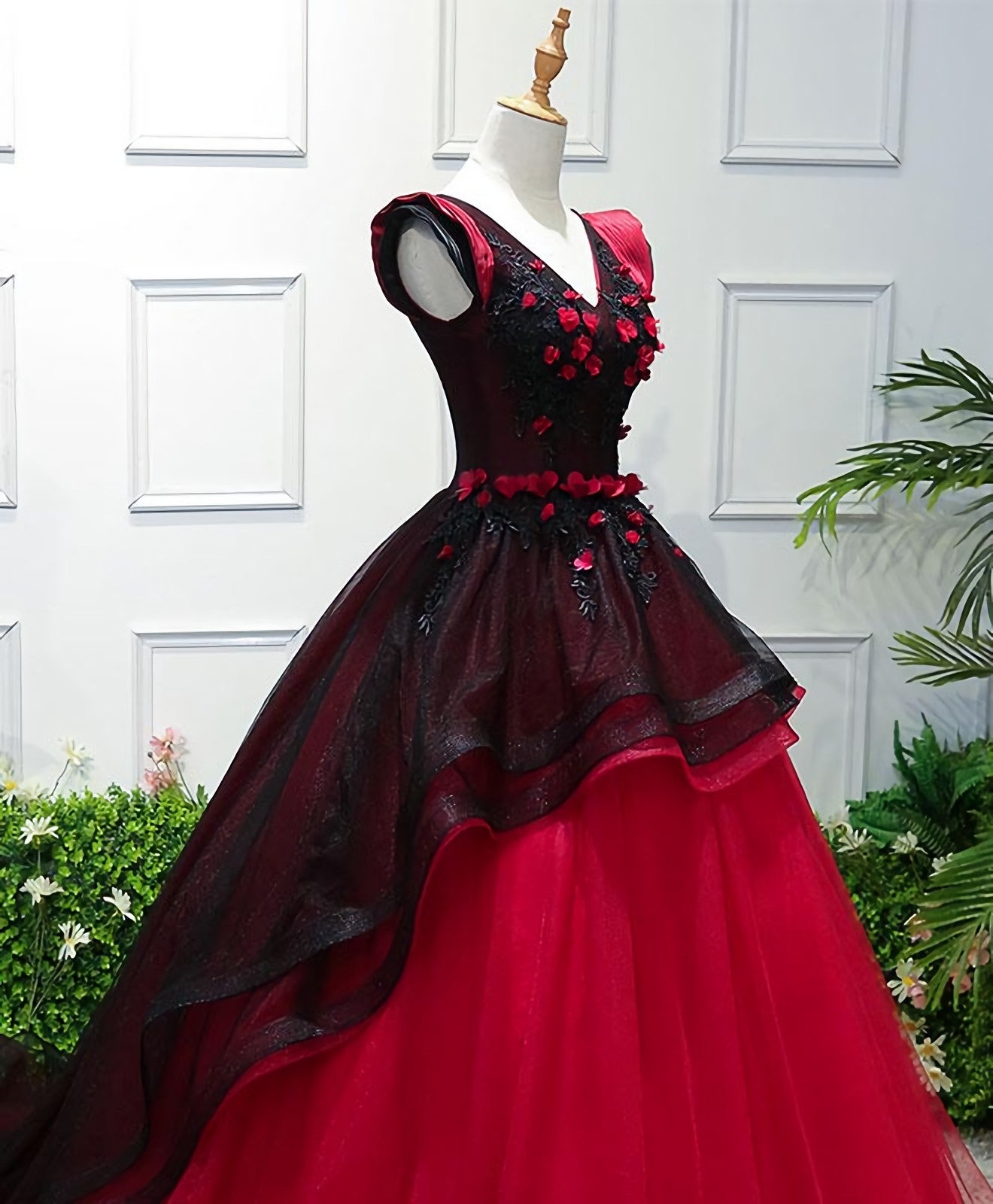 Homecomeing Dresses Red, Unique Burgundy V Neck Tulle Long Prom Dress, Burgundy Evening Dress