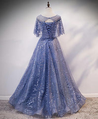 Homecoming Dresses With Tulle, Unique Round Neck Tulle Lace Long Prom Dress, Blue Lace Evening Dress