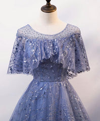 Homecomming Dresses Blue, Unique Round Neck Tulle Lace Long Prom Dress, Blue Lace Evening Dress