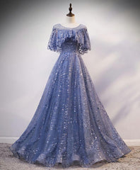 Homecoming Dress With Tulle, Unique Round Neck Tulle Lace Long Prom Dress, Blue Lace Evening Dress