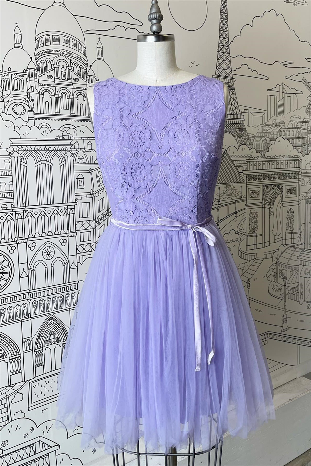 Formal Dresses Long Sleeves, A-line Scoop Neck Tulle Lace Mini Bridesmaid Dress with Sash