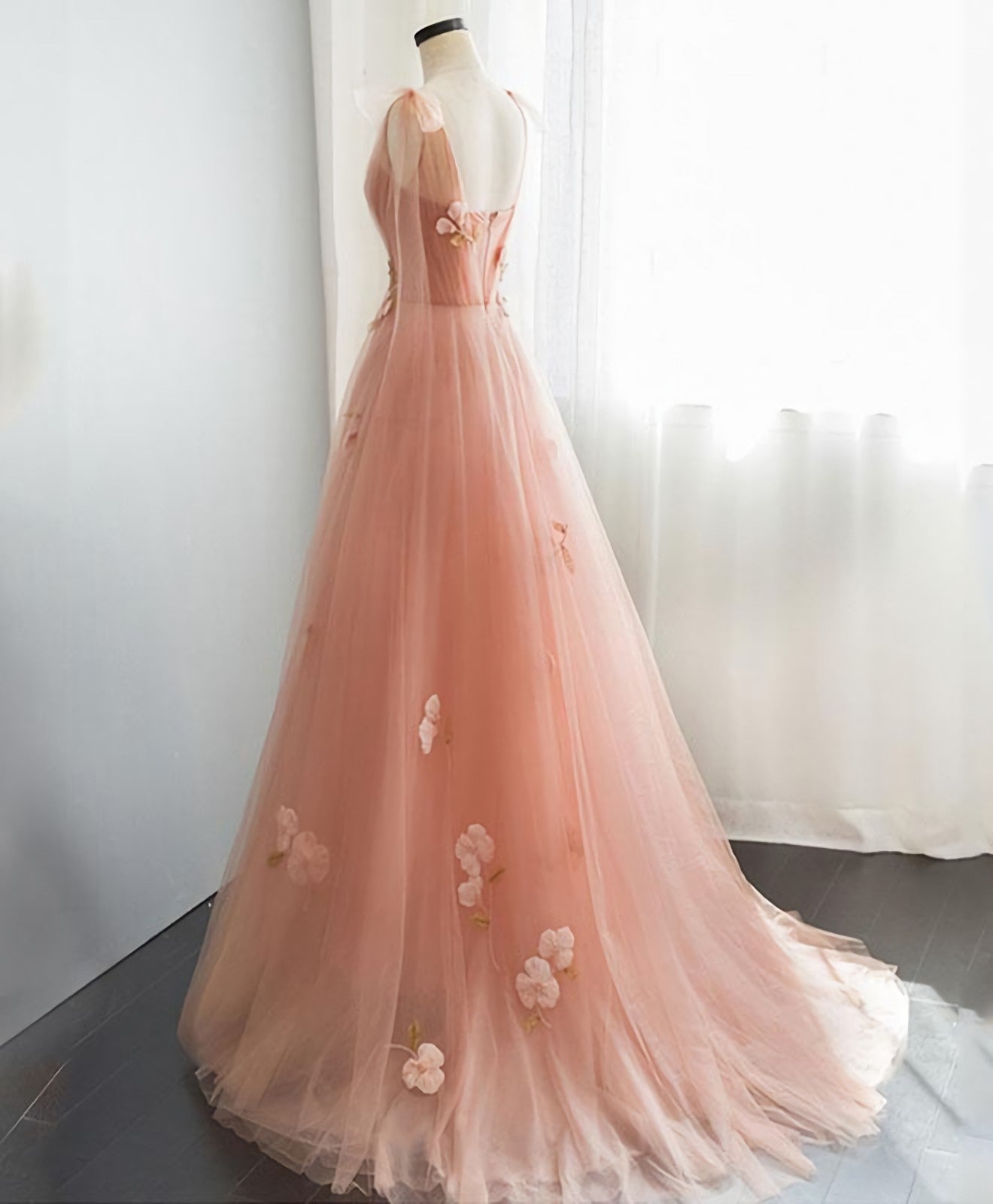 Prom Dresses Dress, Pink V Neck Tulle Long Prom Dress, Tulle Evening Dress