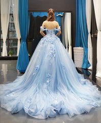 99 Prom Dress, Blue Off Shoulder Tulle Lace Long Prom Gown Blue Evening Dress