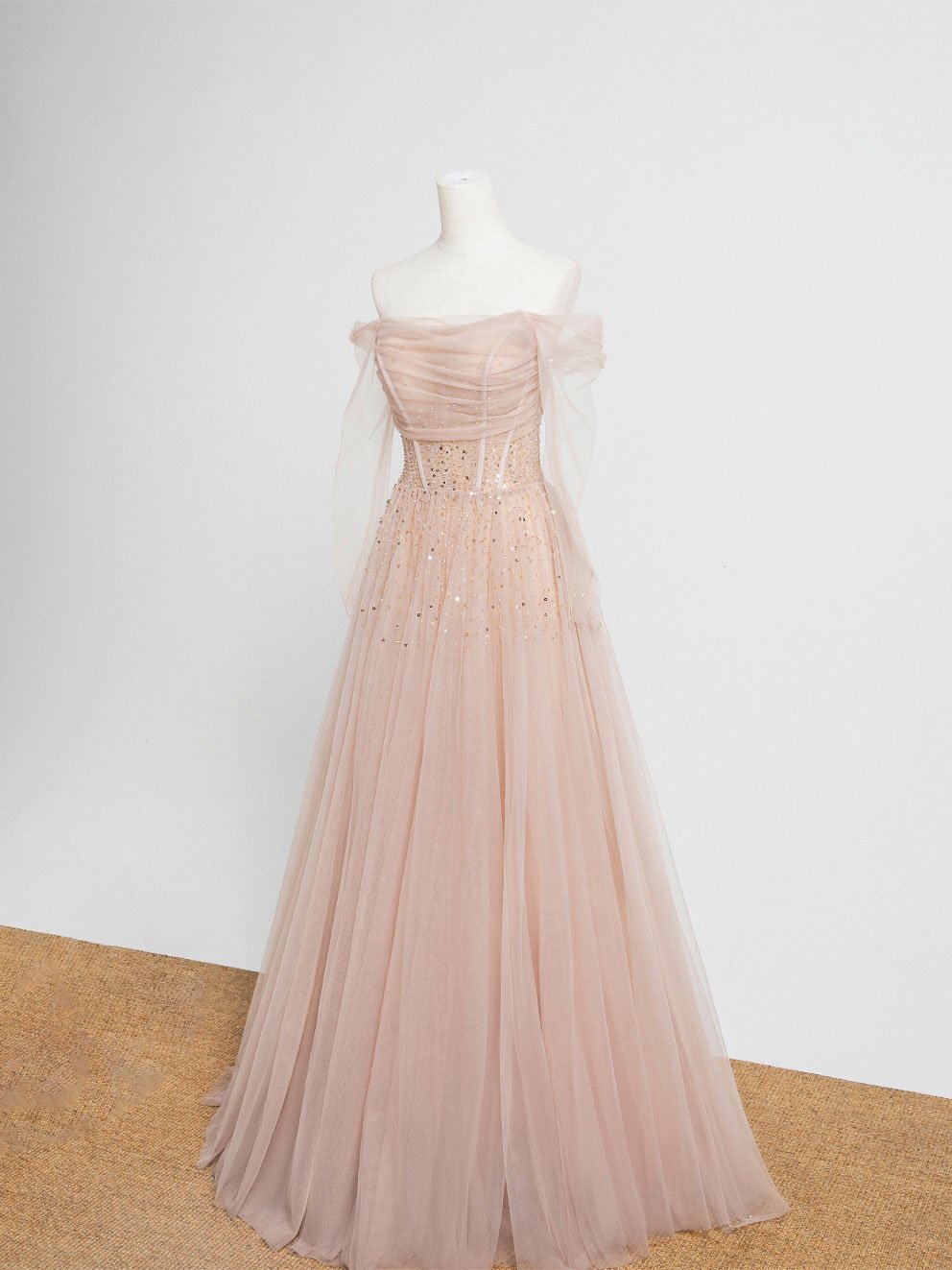Prom Dress Princesses, Champagne Pink Tulle Beads Long Prom Dress, Champagne Evening Dress