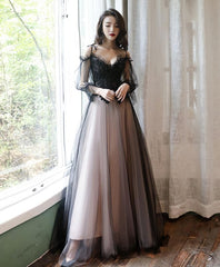 Evening Dress Gown, Black Tulle A Line Lace Long Prom Dress, Tulle Lace Formal Dress