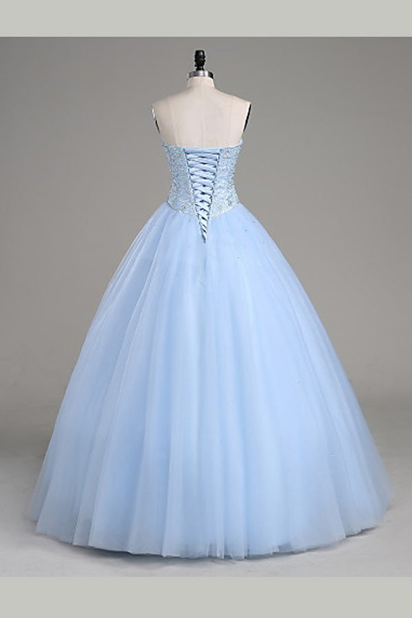 Party Dresses For Summer, Light Blue Ball Gown Floor Length Sweetheart Strapless Sleevless Beading Prom Dresses