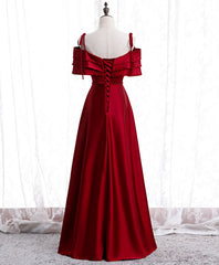 Prom Dresses Long Beautiful, Burgundy Satin Beads Long Prom Dress, Burgundy Evening Dress