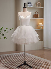 Prom Dress Sleeve, White Spaghetti Strap Tulle Short Prom Dress, Cute A-Line Party Dress