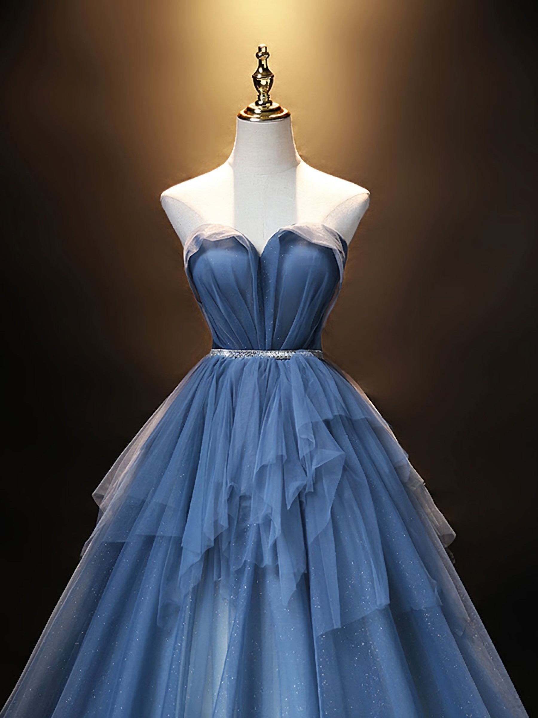 Formal Dresses Modest, Blue Sweetheart Neck Tulle Long Prom Dress, Blue Evening Dress