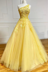 Prom Dress With Sleeves, Yellow Lace One Shoulder Evening Dress, A-Line Tulle Long Prom Dress