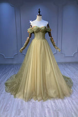 Party Dress Silk, Green Tulle Long A-Line Prom Dress, Off the Shoulder Evening Party Dress