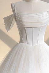 Wedding Dress Styles, Ivory Tulle Off the Shoulder Formal Gown, Elegant A-Line Wedding Dress