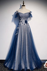 Prom Dresses Sleeves, Blue Tulle Sequins Long Prom Dress, A-Line Evening Dress