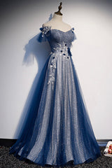 Prom Dresses Sleeve, Blue Tulle Sequins Long Prom Dress, A-Line Evening Dress